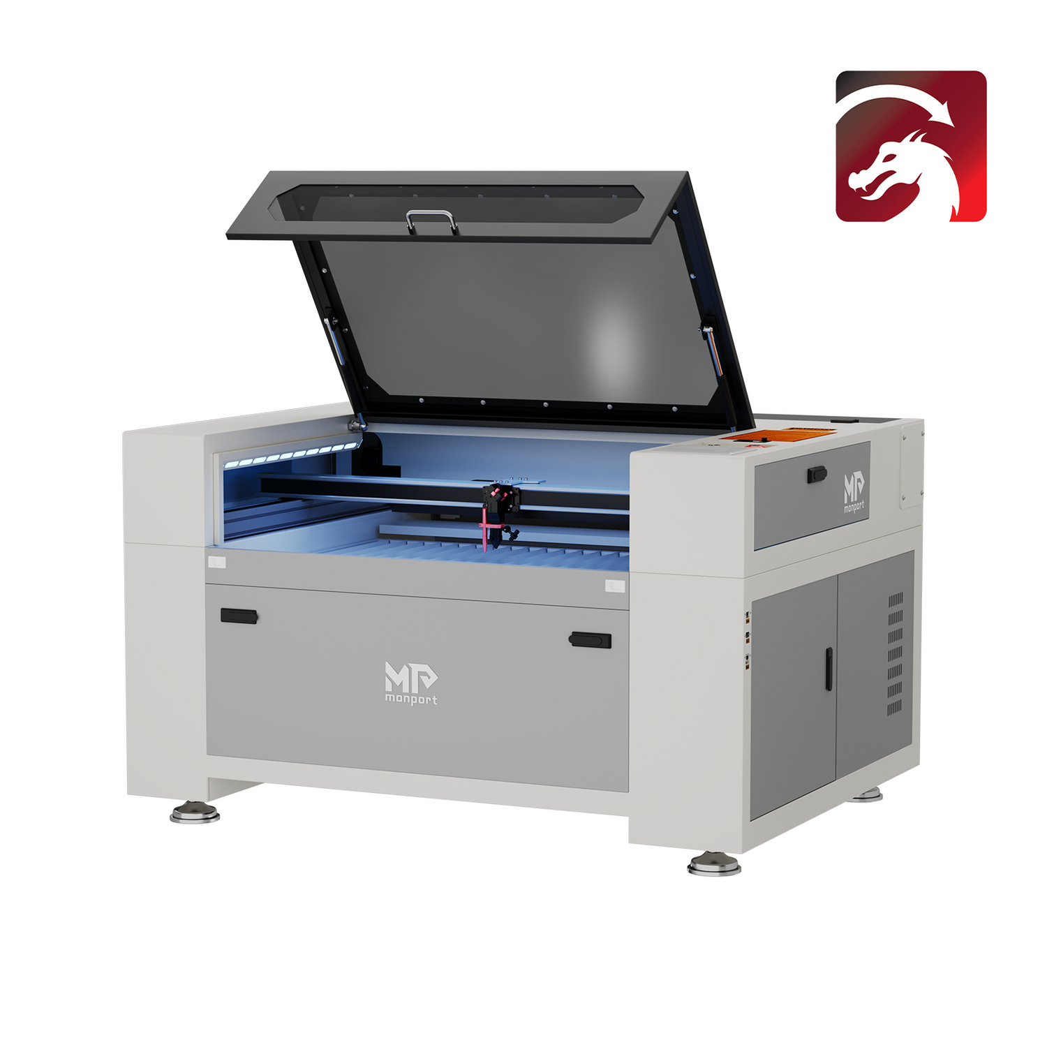 Máquina de grabado y corte láser CO2 de 100W versión mejorada Monport Effi 10S con función de enfoque automático y enfriador de agua incorporado