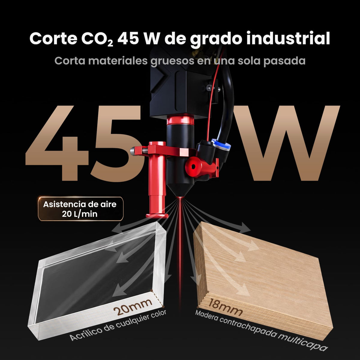 Monport Reno45 Pro Vision 45W Grabadora y Cortadora Láser CO₂ de Escritorio (16" x 12") con Cámara HD de 8MP, Autofocus Magnético y Sistema de Refrigeración por Agua Integrado