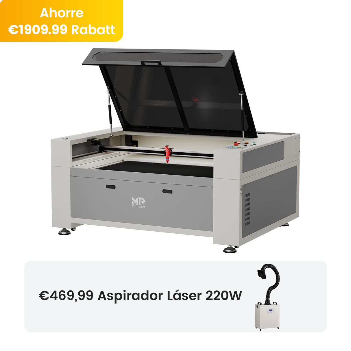 Máquina de grabado láser y cortadora con sistema de refrigeración por agua integrado de CO2 Monport de 130W con superficie de grabado (1300x900 mm)