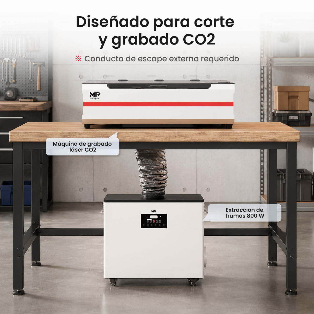 Monport 800W Sistema de extracción de humo láser con sistema de filtración de 6 etapas – Para máquinas de grabado y corte láser CO₂ de 130W y 150W