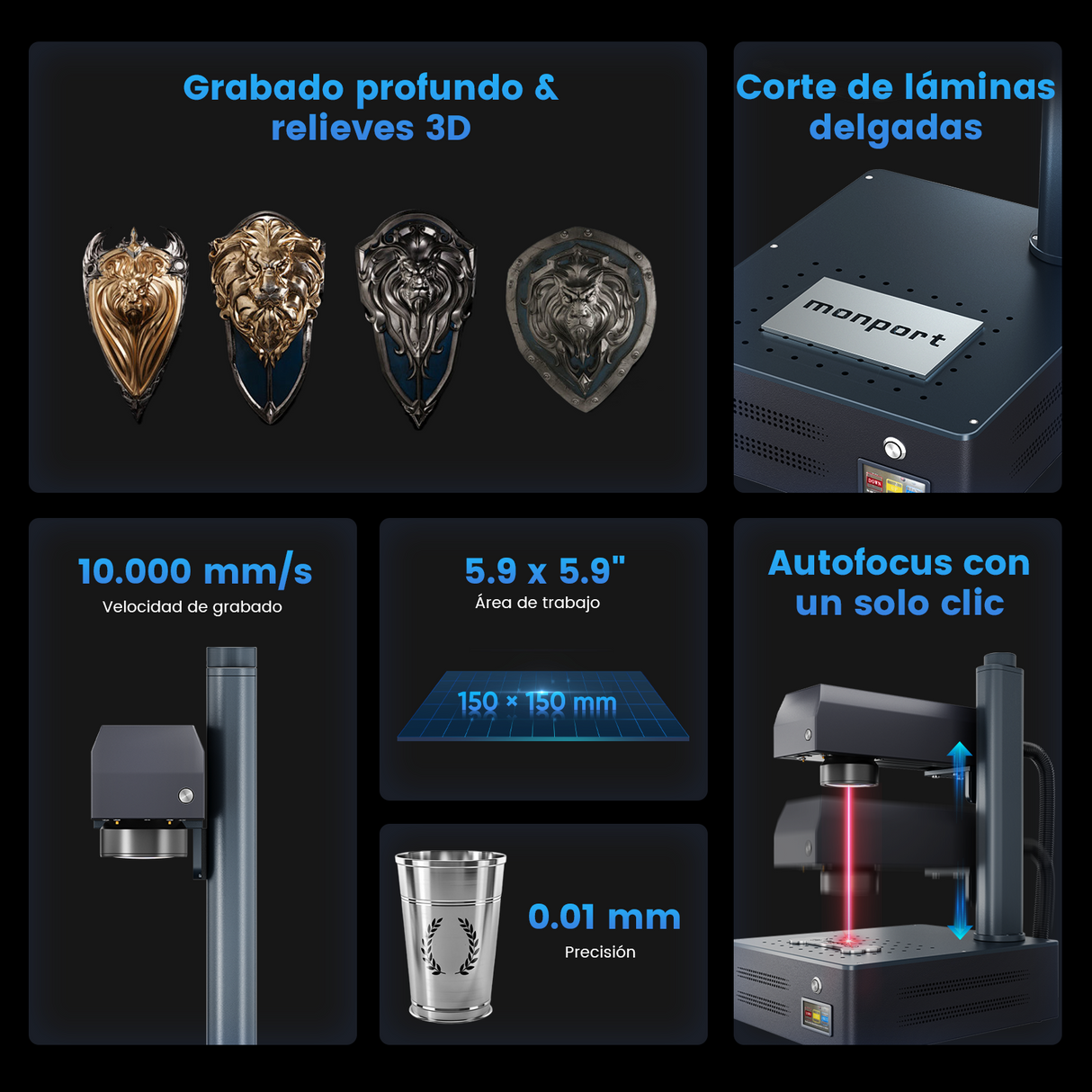 Máquina de marcado y grabado láser de fibra integrado Monport GM 50W Pro con enfoque automático