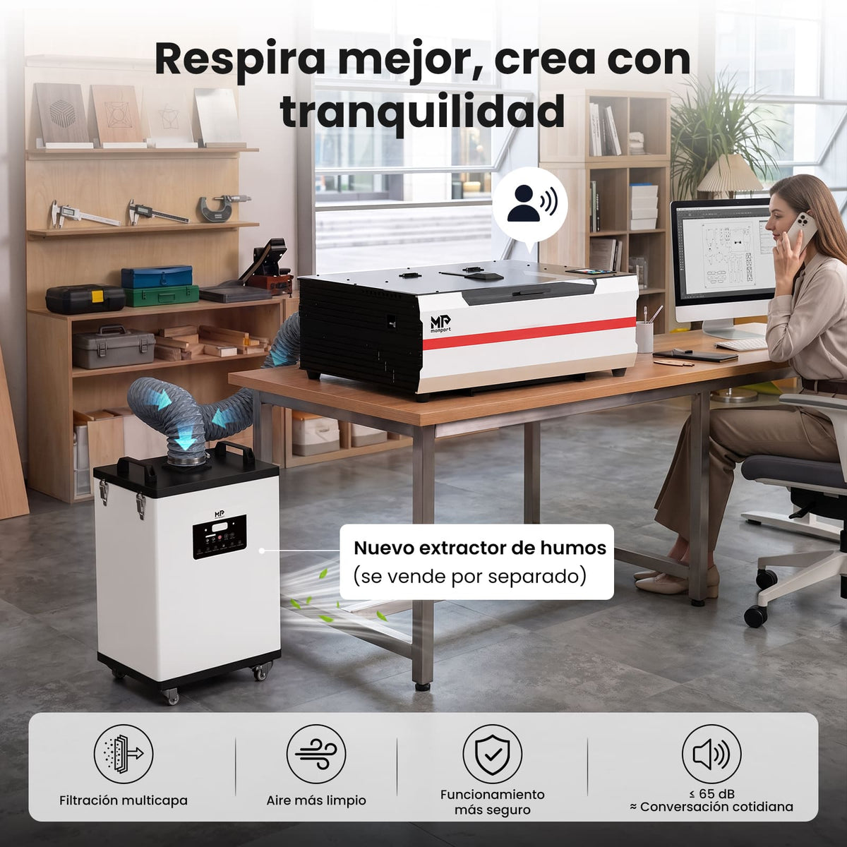 Monport Reno45 Pro Vision 45W Grabadora y Cortadora Láser CO₂ de Escritorio (16" x 12") con Cámara HD de 8MP, Autofocus Magnético y Sistema de Refrigeración por Agua Integrado