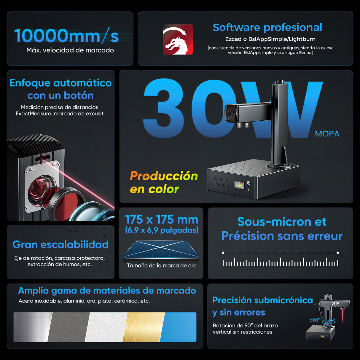 Grabador y marcador láser de fibra MOPA integrado Monport GA mejorado de 30W con enfoque automático