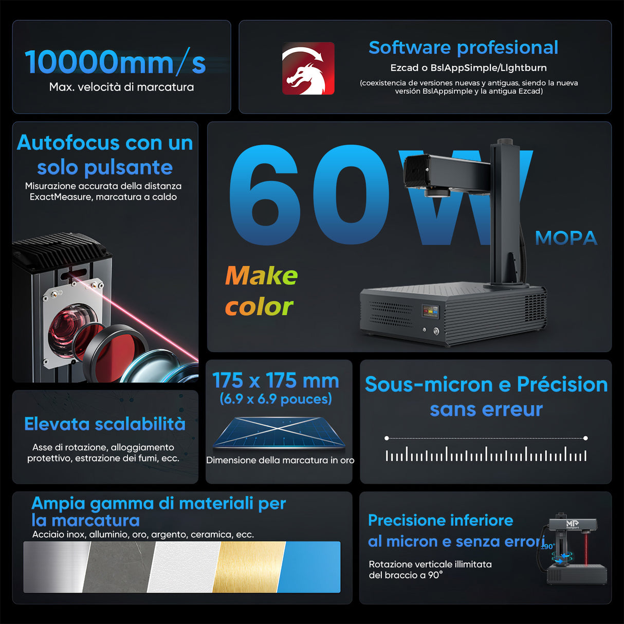 Grabador y marcador láser de fibra MOPA integrado Monport GA mejorado de 60W con enfoque automático