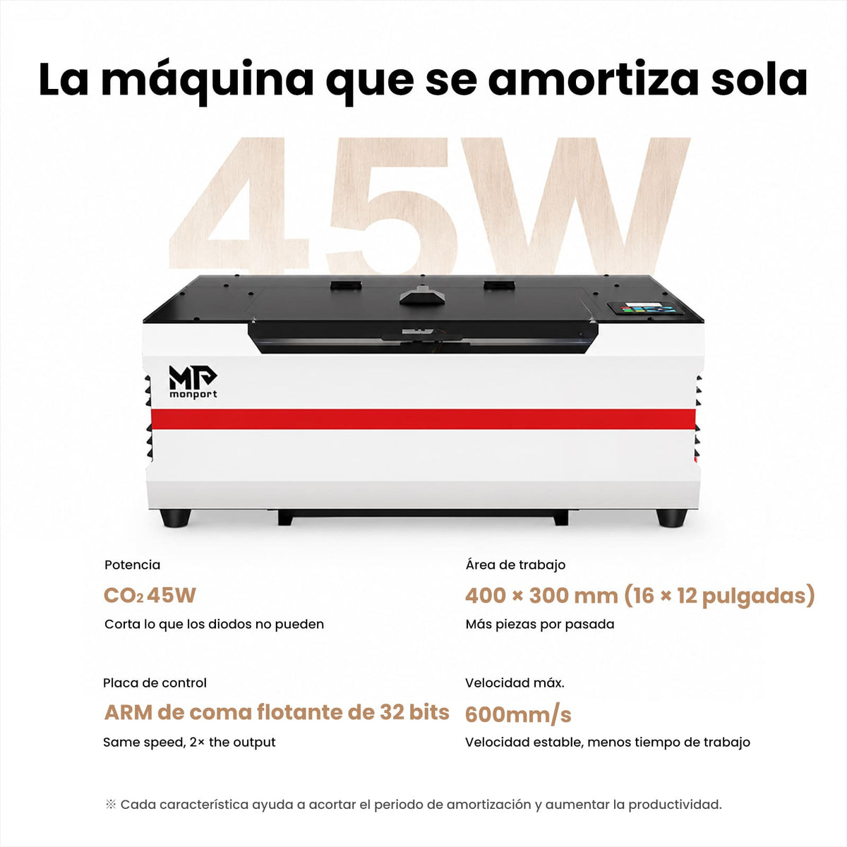 Monport Reno45 Pro Vision 45W Grabadora y Cortadora Láser CO₂ de Escritorio (16" x 12") con Cámara HD de 8MP, Autofocus Magnético y Sistema de Refrigeración por Agua Integrado
