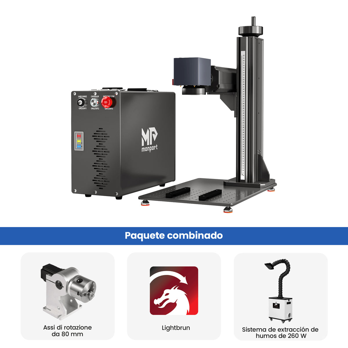 Monport GT 30W Láser de fibra MOPA separado: máquina de grabado y marcaje de colores con enfoque automático — dispositivo alemán