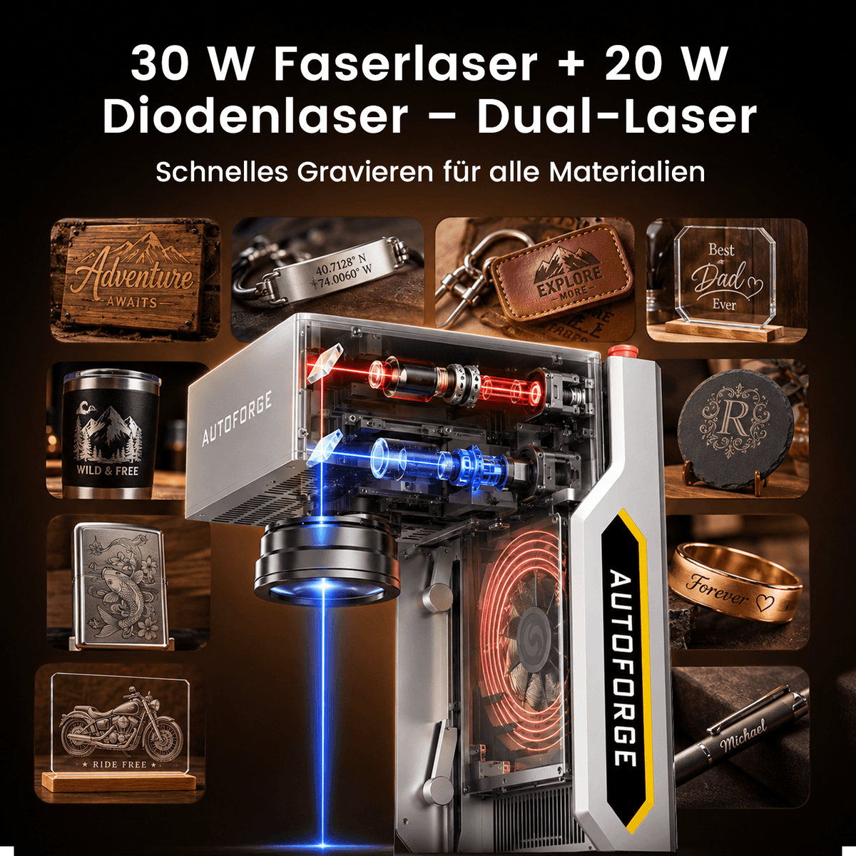 Monport AutoForge Grabadora Láser Dual con Láser de Fibra de 30W y Láser de Diodo de 20W – Máquina de Grabado Láser Precisa y Portátil