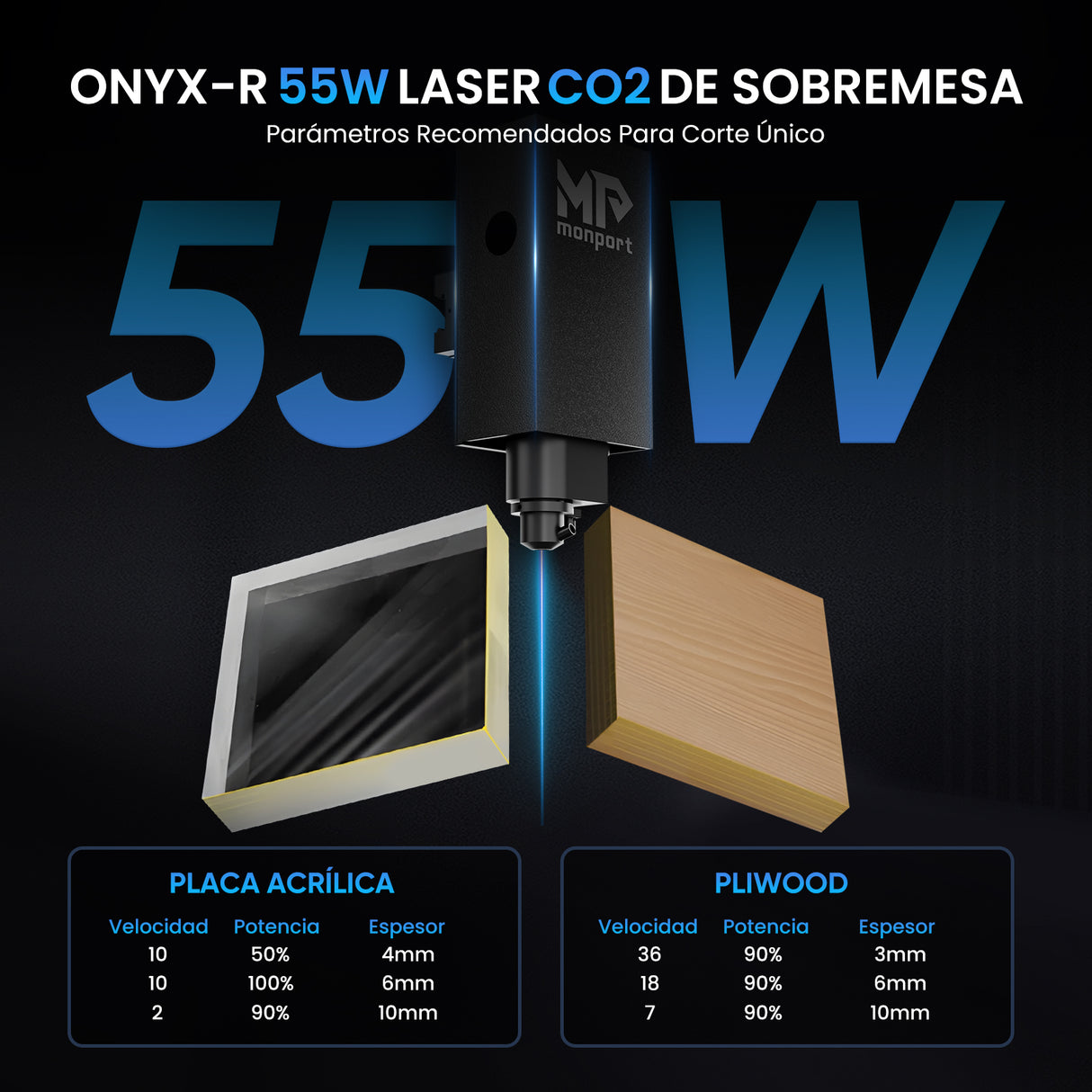 Grabador láser CO2 de sobremesa MONPORT ONYX 55W con enfoque automático