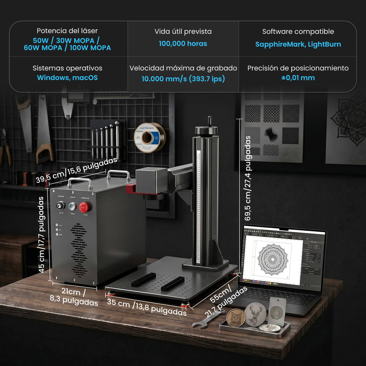Monport GPro 60W MOPA Vision Máquina Láser de Fibra – Con Sistema de Visión para Posicionamiento Automático, Grabado de Metal de Alta Precisión y Marcado Láser