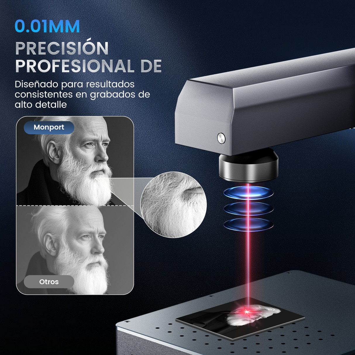 Máquina de grabado y marcado láser de fibra MOPA integrada Monport GM 30W Pro con enfoque automático