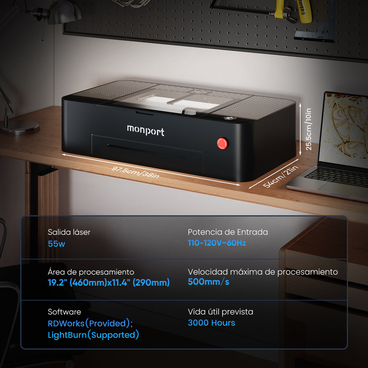 Grabador láser CO2 de sobremesa MONPORT ONYX 55W con enfoque automático