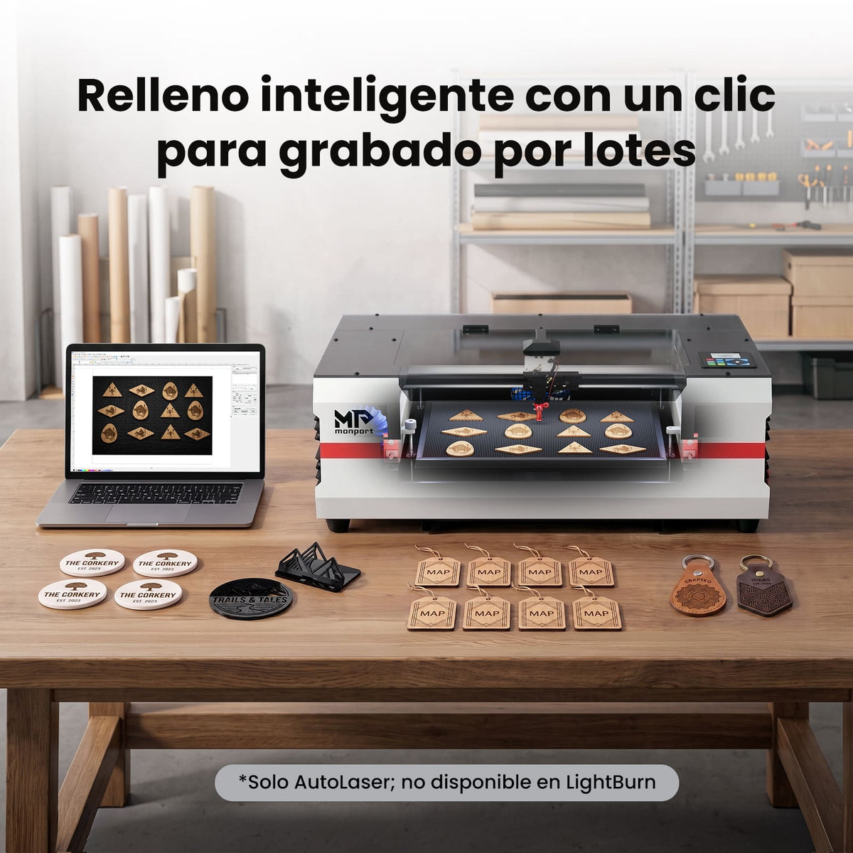 Monport Reno45 Pro Vision 45W Grabadora y Cortadora Láser CO₂ de Escritorio (16" x 12") con Cámara HD de 8MP, Autofocus Magnético y Sistema de Refrigeración por Agua Integrado
