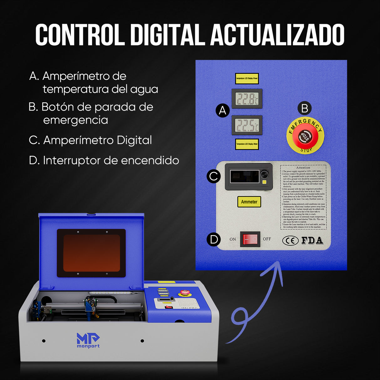 Monport Grabador y cortador láser de CO2 40W Pro Lightburn (12"x8") con asistencia de aire