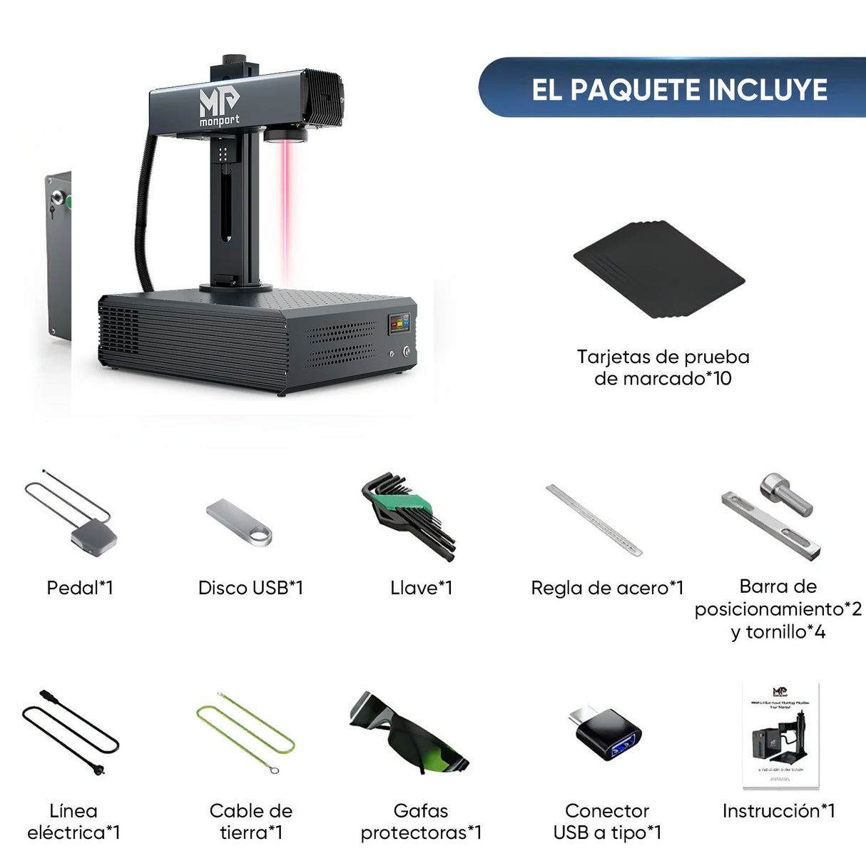 Grabador y marcador láser de fibra MOPA integrado de 100W mejorado Monport GA con enfoque automático