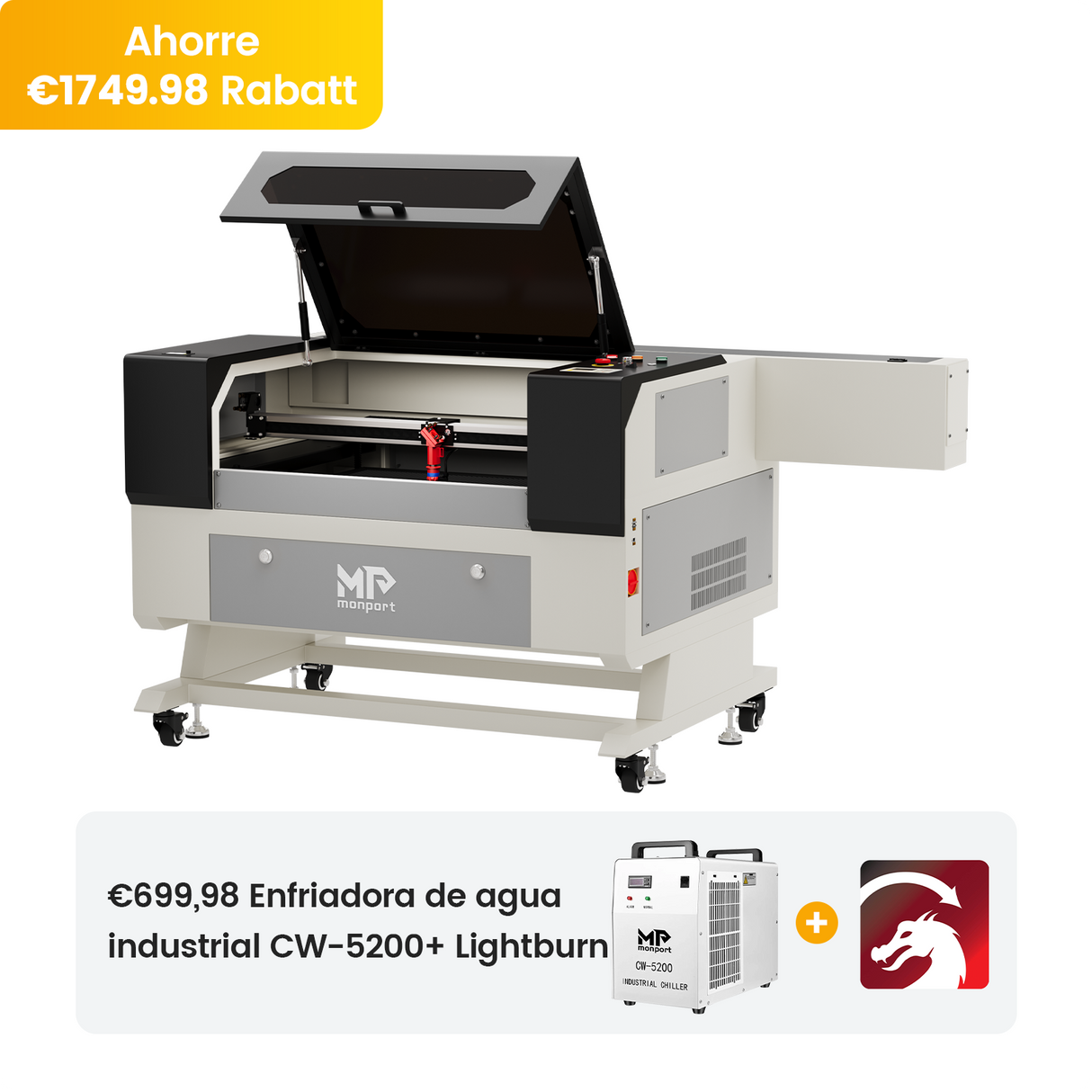 Máquina cortadora y grabadora láser CO2 Monport 100W (500x700mm) con enfoque automático y soporte