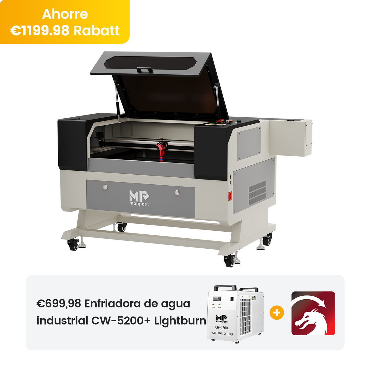 Máquina de grabado y corte láser CO2 Monport 90W (500x700mm) con automático y soporte