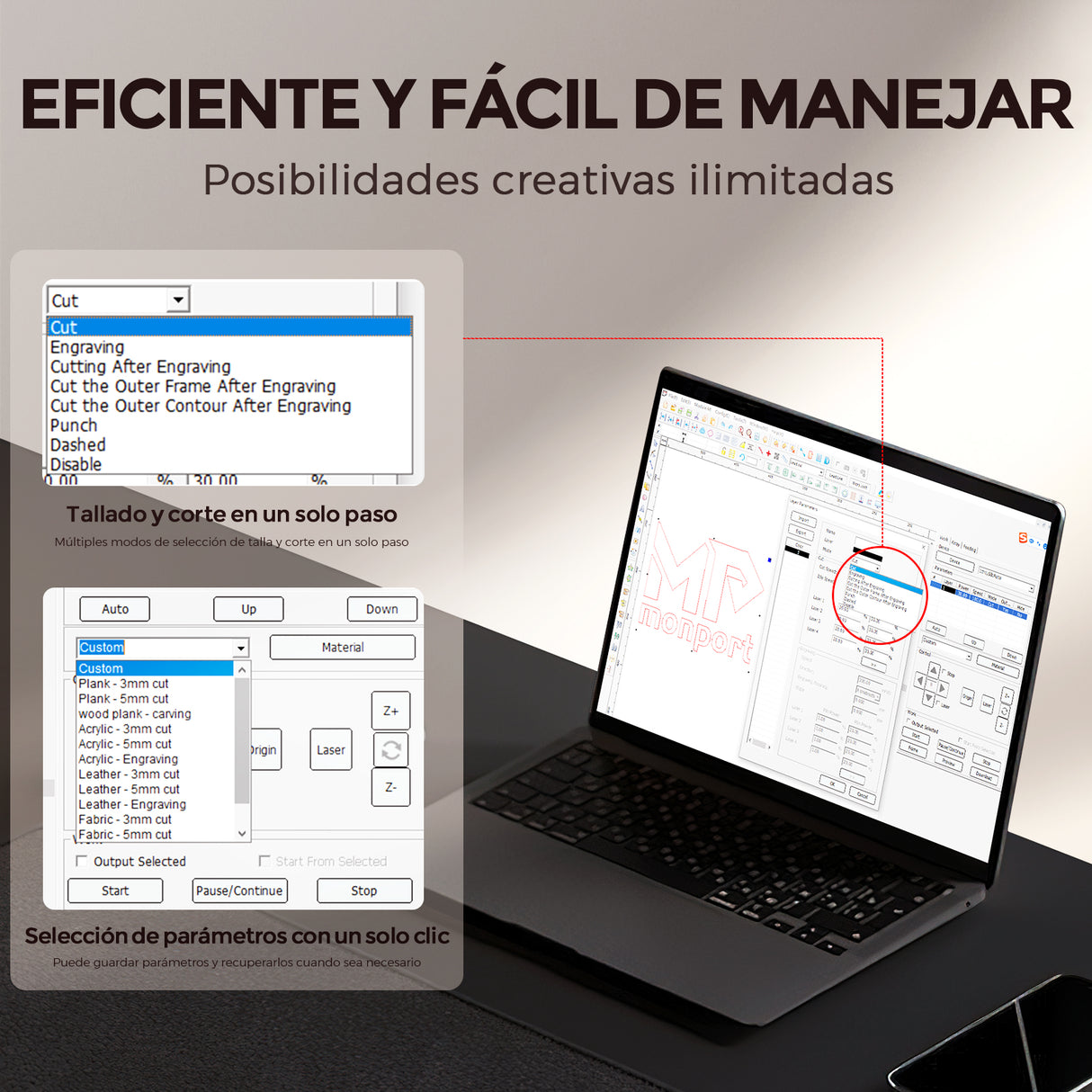 Monport Reno45 Pro de 45W Grabador y cortador láser de CO2 de escritorio (16" x 12") con enfoque semiautomático completamente nuevo