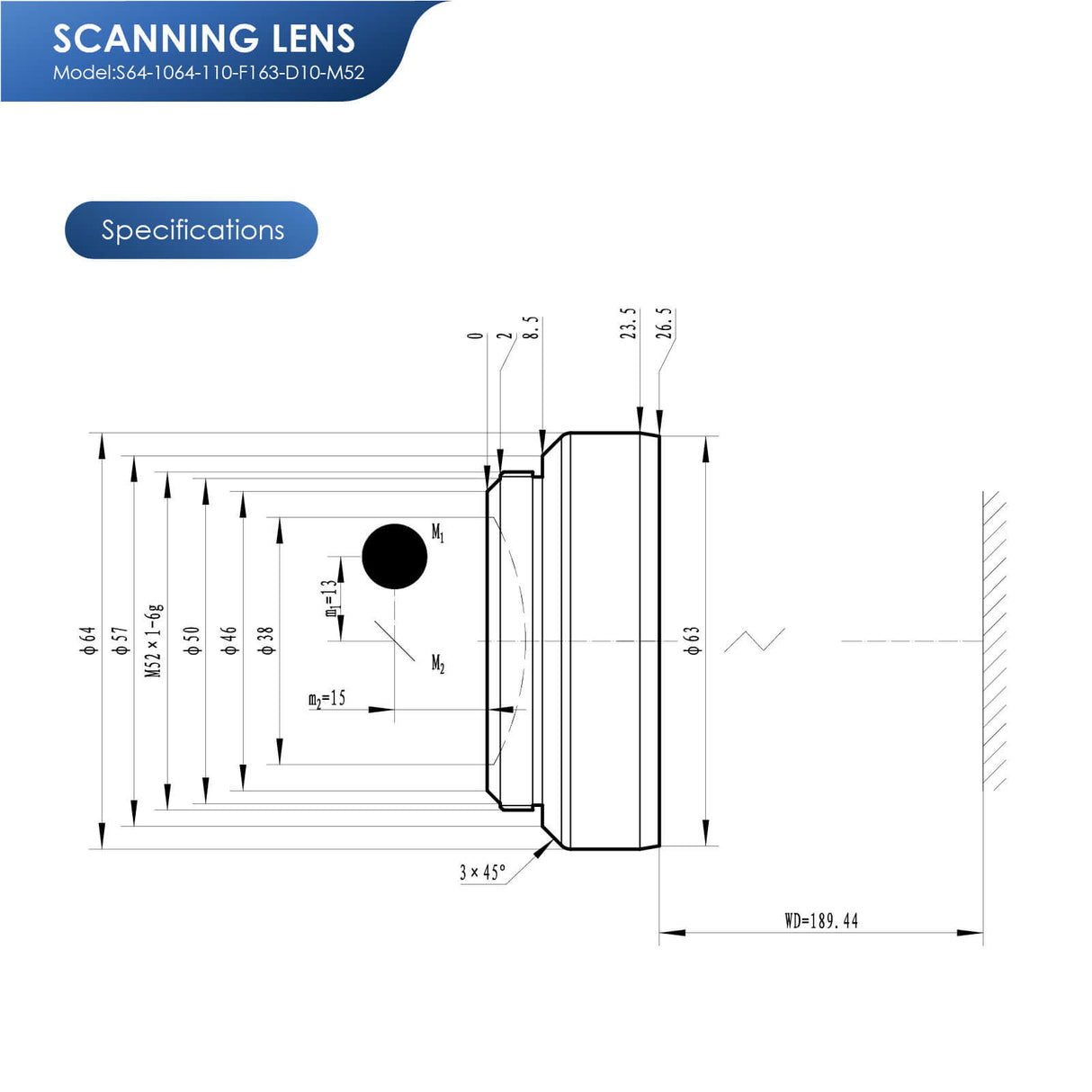 Lente de escaneo óptico alternativo Monport f-theta M52 110mm * 110mm para grabado láser de fibra