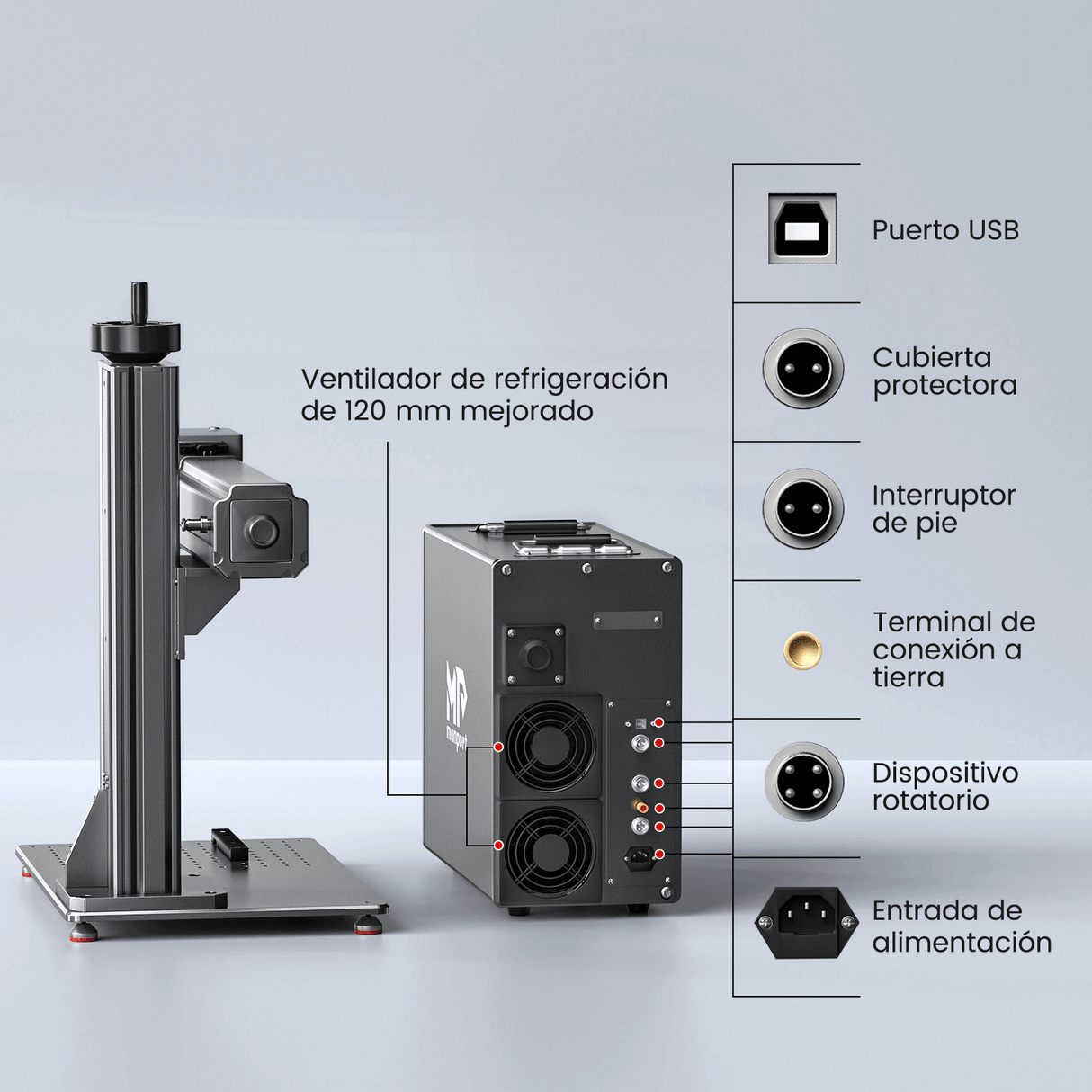 Monport GT 50W Láser de fibra separado: máquina de grabado y marcaje con enfoque automático (200 mm × 200 mm) — dispositivo alemán