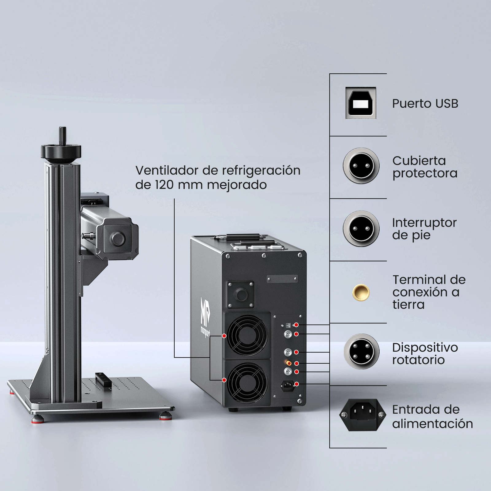 Monport GT 50W Láser de fibra separado: máquina de grabado y marcaje con enfoque automático (200 mm × 200 mm) — dispositivo alemán