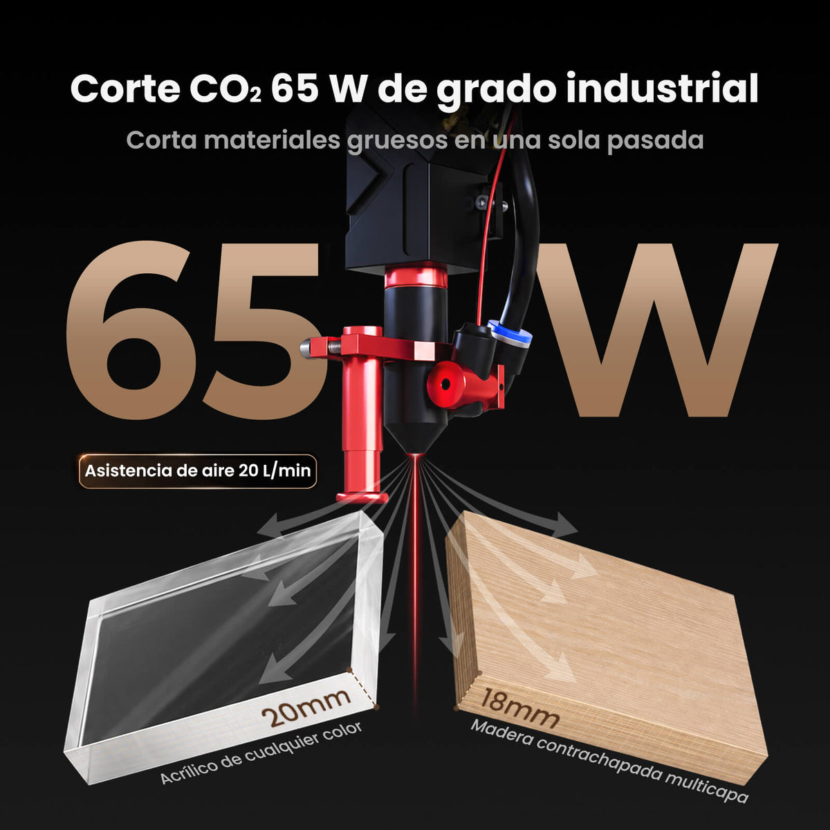 Monport Reno65 Pro Vision 65W – Grabadora y Cortadora Láser CO₂ de Sobremesa (24'' x 16'') con Cámara HD de 8MP, Autofocus Magnético y Sistema de Refrigeración por Agua Integrado