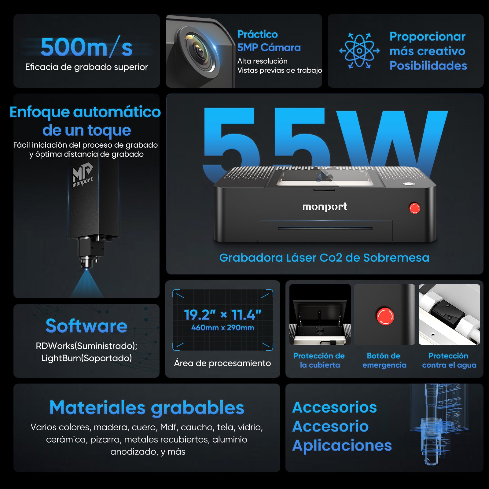 Grabador láser CO2 de sobremesa MONPORT ONYX 55W con enfoque automático