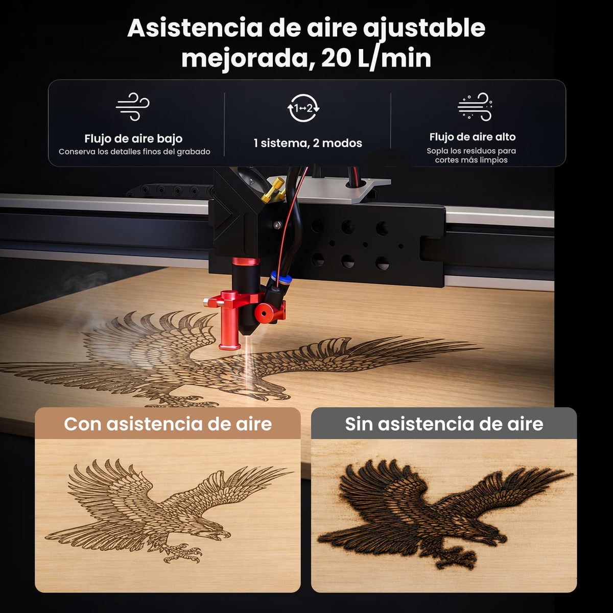 Monport Reno45 Pro Vision 45W Grabadora y Cortadora Láser CO₂ de Escritorio (16" x 12") con Cámara HD de 8MP, Autofocus Magnético y Sistema de Refrigeración por Agua Integrado