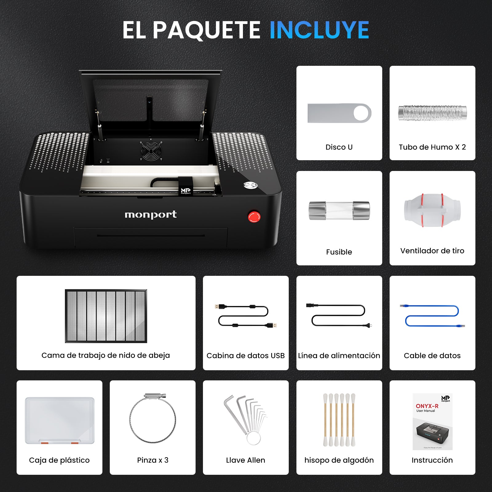 Grabador láser CO2 de sobremesa MONPORT ONYX 55W con enfoque automático