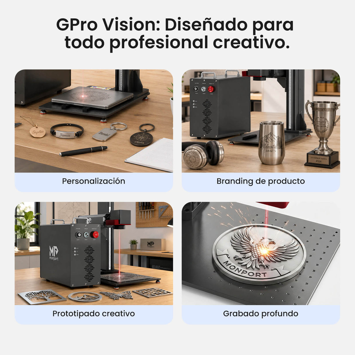 Monport GPro 60W MOPA Vision Máquina Láser de Fibra – Con Sistema de Visión para Posicionamiento Automático, Grabado de Metal de Alta Precisión y Marcado Láser