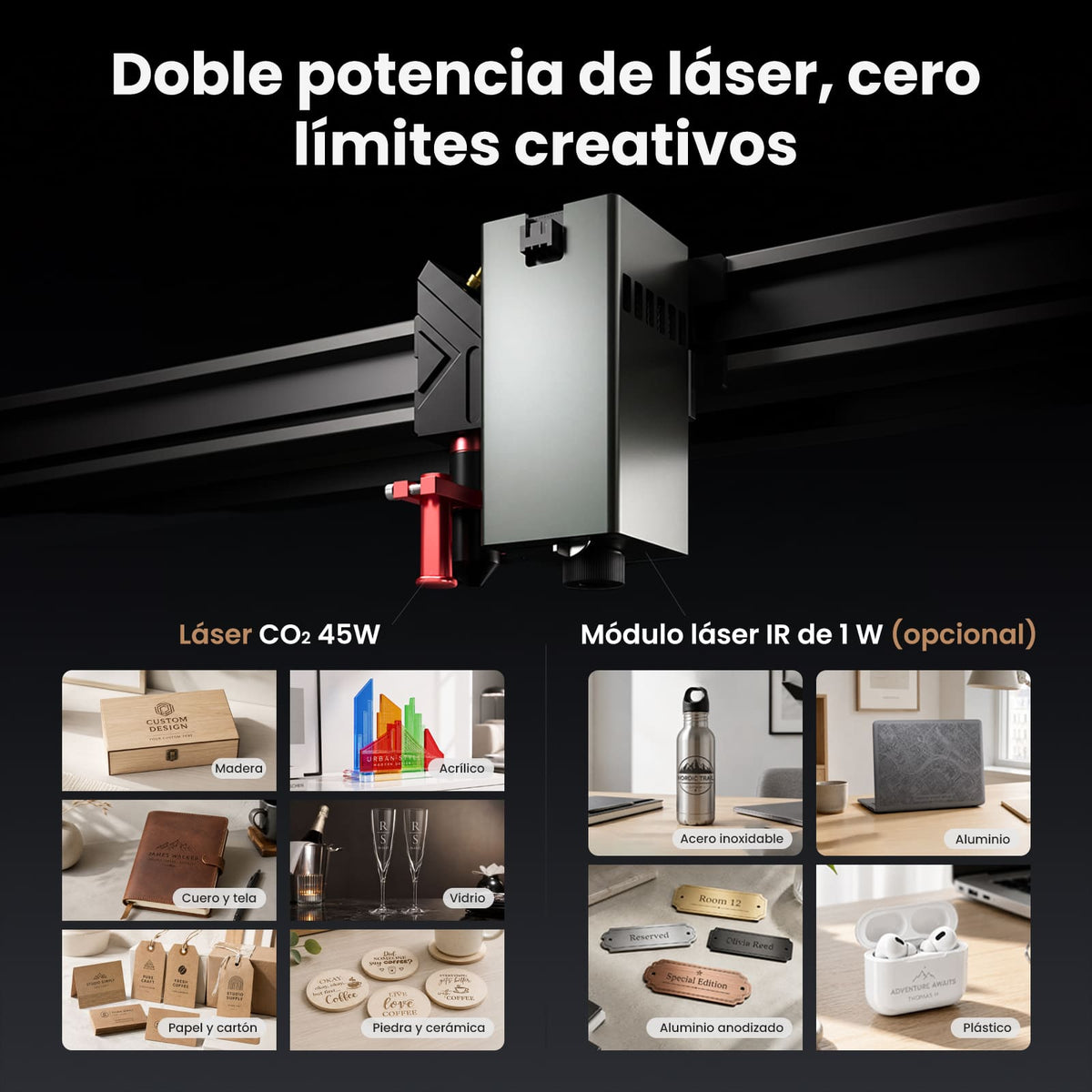 Monport Reno45 Pro Vision 45W Grabadora y Cortadora Láser CO₂ de Escritorio (16" x 12") con Cámara HD de 8MP, Autofocus Magnético y Sistema de Refrigeración por Agua Integrado