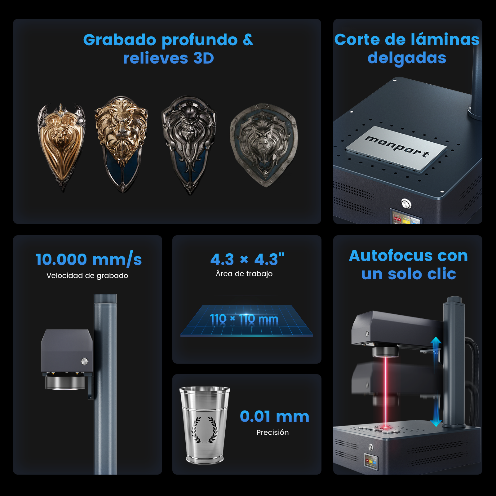 Máquina de marcado y grabado láser de fibra integrado Monport GM 30W Pro con enfoque automático