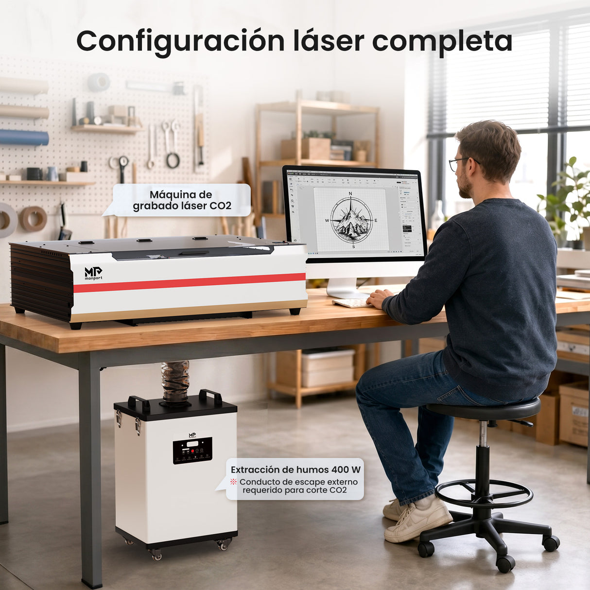 Monport 400W Sistema de extracción de humo láser con sistema de filtración de 8 etapas – Para máquinas de grabado y corte láser CO₂