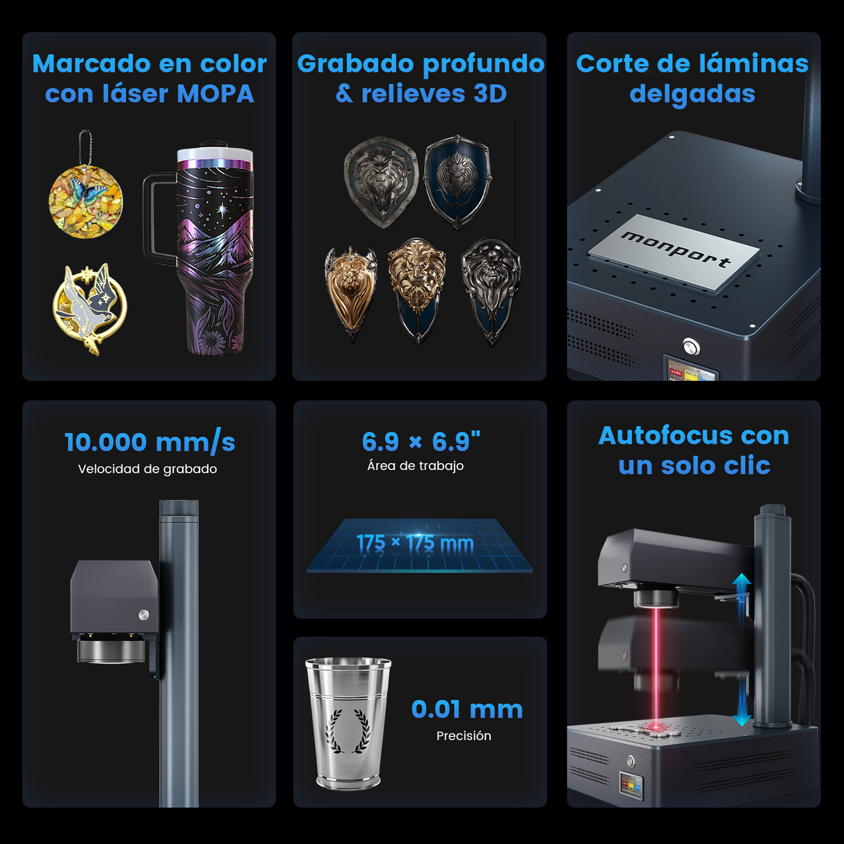 Máquina de grabado y marcado láser de fibra MOPA integrada Monport GM 60W Pro con enfoque automático