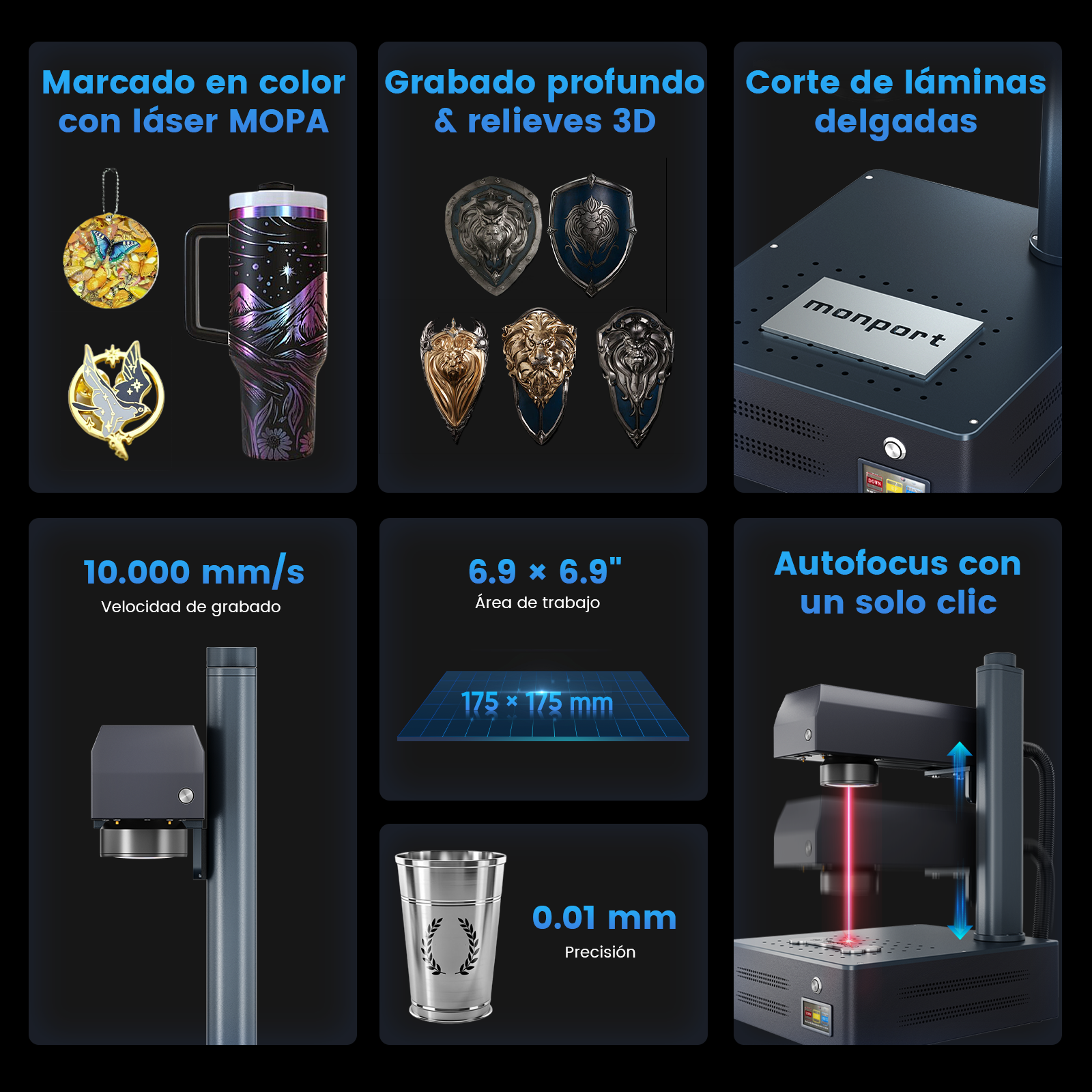 Máquina de grabado y marcado láser de fibra MOPA integrada Monport GM 30W Pro con enfoque automático