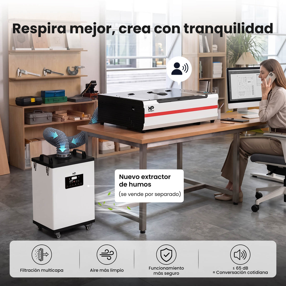 Monport Reno65 Pro Vision 65W – Grabadora y Cortadora Láser CO₂ de Sobremesa (24'' x 16'') con Cámara HD de 8MP, Autofocus Magnético y Sistema de Refrigeración por Agua Integrado