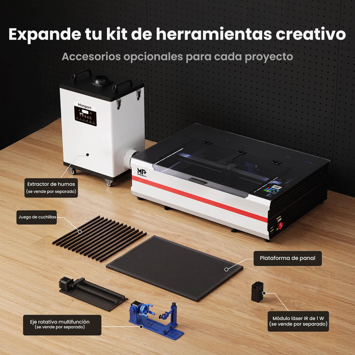 Monport Reno65 Pro Vision 65W – Grabadora y Cortadora Láser CO₂ de Sobremesa (24'' x 16'') con Cámara HD de 8MP, Autofocus Magnético y Sistema de Refrigeración por Agua Integrado