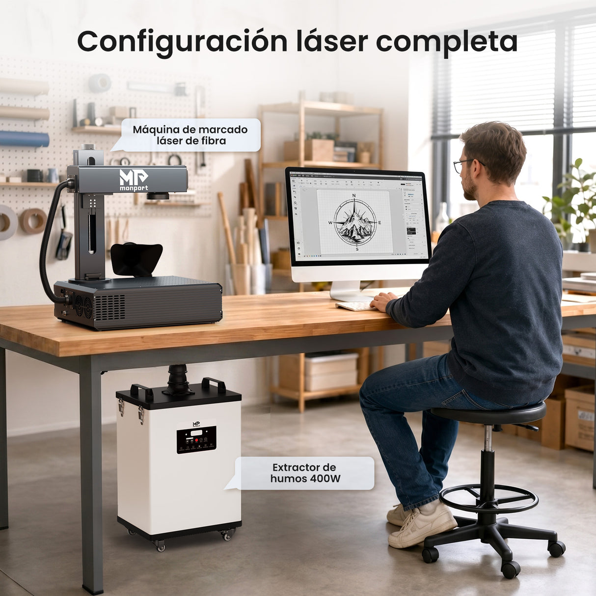 Monport 400W Sistema de extracción de humo láser con sistema de filtración de 8 etapas – Para máquinas de grabado y corte láser CO₂