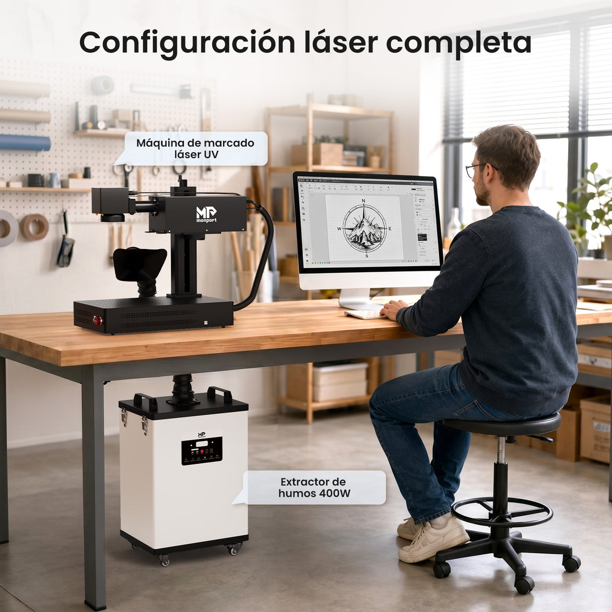 Monport 400W Sistema de extracción de humo láser con sistema de filtración de 8 etapas – Para máquinas de grabado y corte láser CO₂