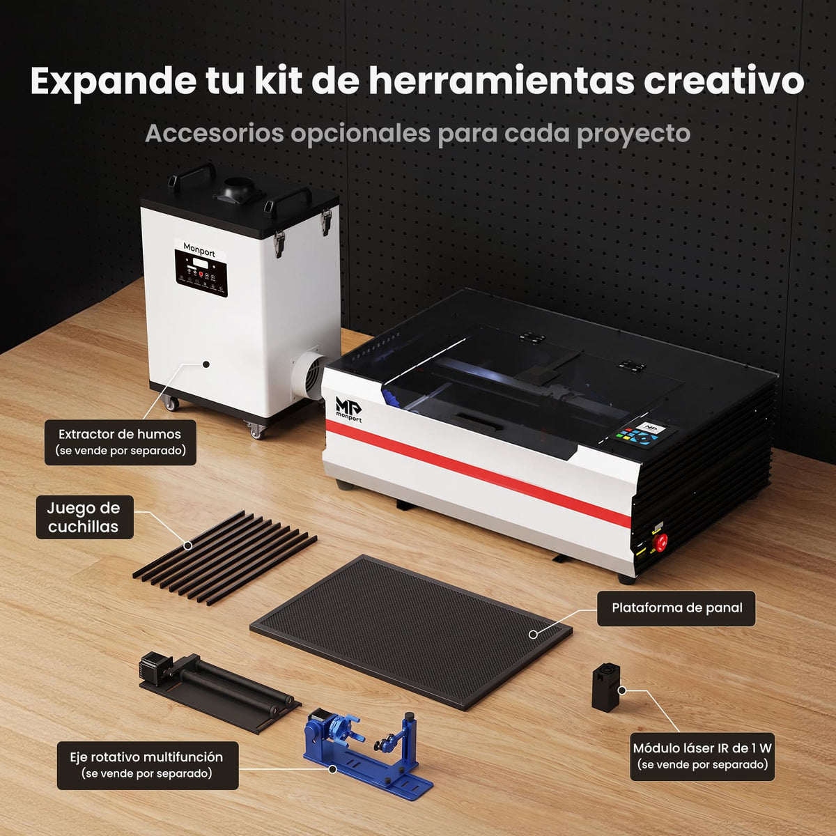 Monport Reno45 Pro Vision 45W Grabadora y Cortadora Láser CO₂ de Escritorio (16" x 12") con Cámara HD de 8MP, Autofocus Magnético y Sistema de Refrigeración por Agua Integrado