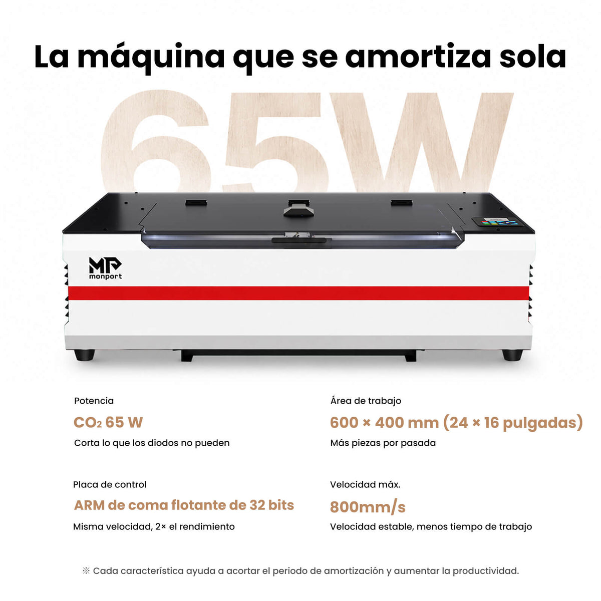 Monport Reno65 Pro Vision 65W – Grabadora y Cortadora Láser CO₂ de Sobremesa (24'' x 16'') con Cámara HD de 8MP, Autofocus Magnético y Sistema de Refrigeración por Agua Integrado