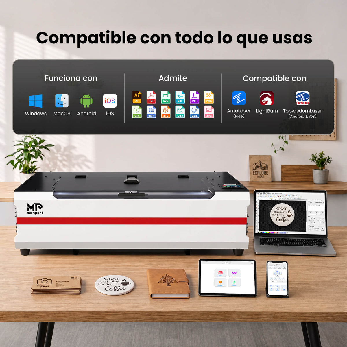 Monport Reno65 Pro Vision 65W – Grabadora y Cortadora Láser CO₂ de Sobremesa (24'' x 16'') con Cámara HD de 8MP, Autofocus Magnético y Sistema de Refrigeración por Agua Integrado