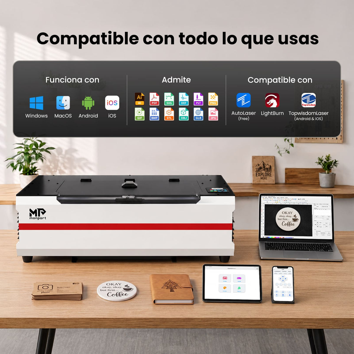 Monport Reno45 Pro Vision 45W Grabadora y Cortadora Láser CO₂ de Escritorio (16" x 12") con Cámara HD de 8MP, Autofocus Magnético y Sistema de Refrigeración por Agua Integrado