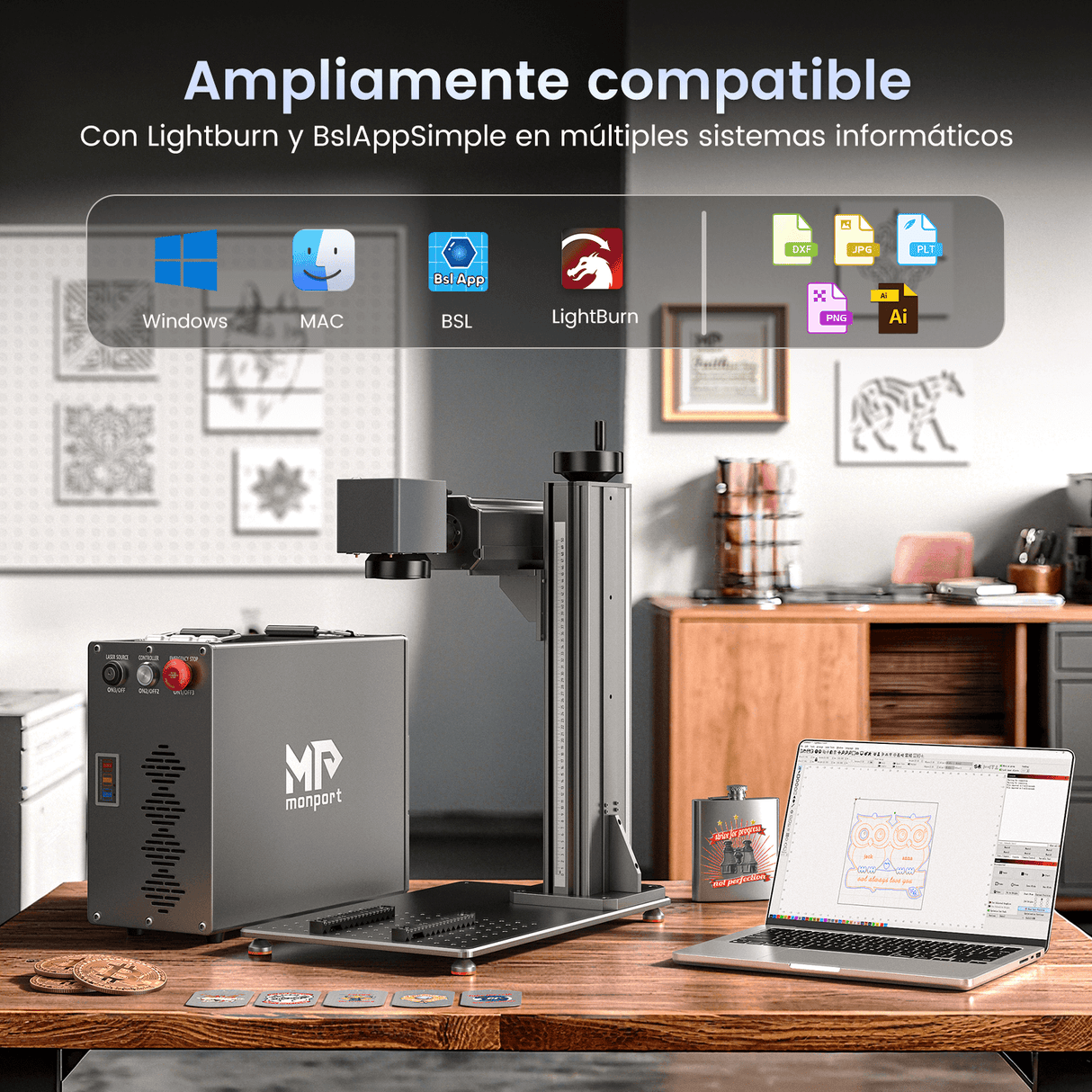 Monport GT 50W Láser de fibra separado: máquina de grabado y marcaje con enfoque automático (200 mm × 200 mm) — dispositivo alemán