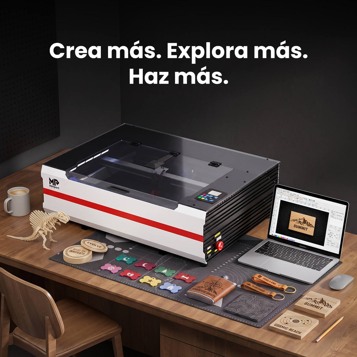 Monport Reno65 Pro Vision 65W – Grabadora y Cortadora Láser CO₂ de Sobremesa (24'' x 16'') con Cámara HD de 8MP, Autofocus Magnético y Sistema de Refrigeración por Agua Integrado