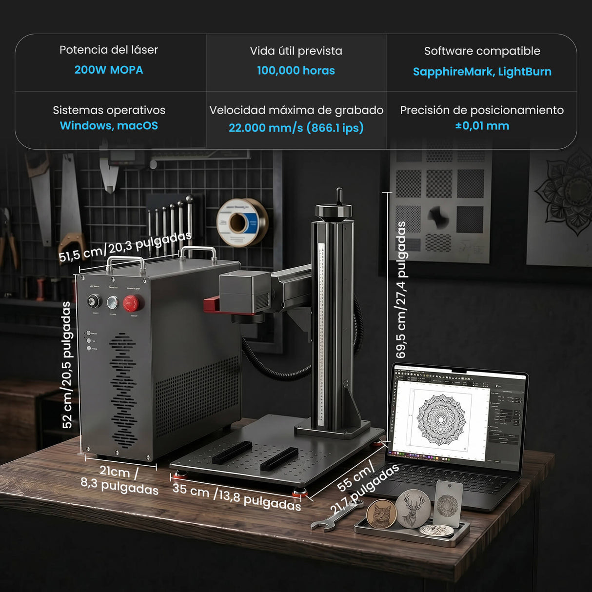 Monport GPro 200W MOPA Vision Máquina Láser de Fibra – Con Sistema de Visión para Posicionamiento Automático, Grabado de Metal de Alta Precisión y Marcado Láser