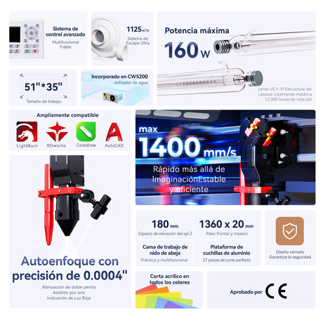 Máquina de corte y agarre láser de CO2 mejorada de 130 W Monport Effi 13S con enfoque automático y refrigeración por agua incorporada