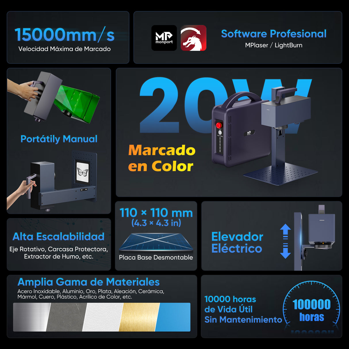 Mini Grabador Láser de Fibra Portátil Monport 20W para Marcado de Metales en Color