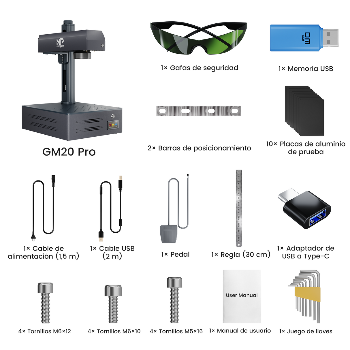 Máquina de grabado y marcado láser de fibra integrado Monport GM 20W Pro con enfoque automático - Máquina
