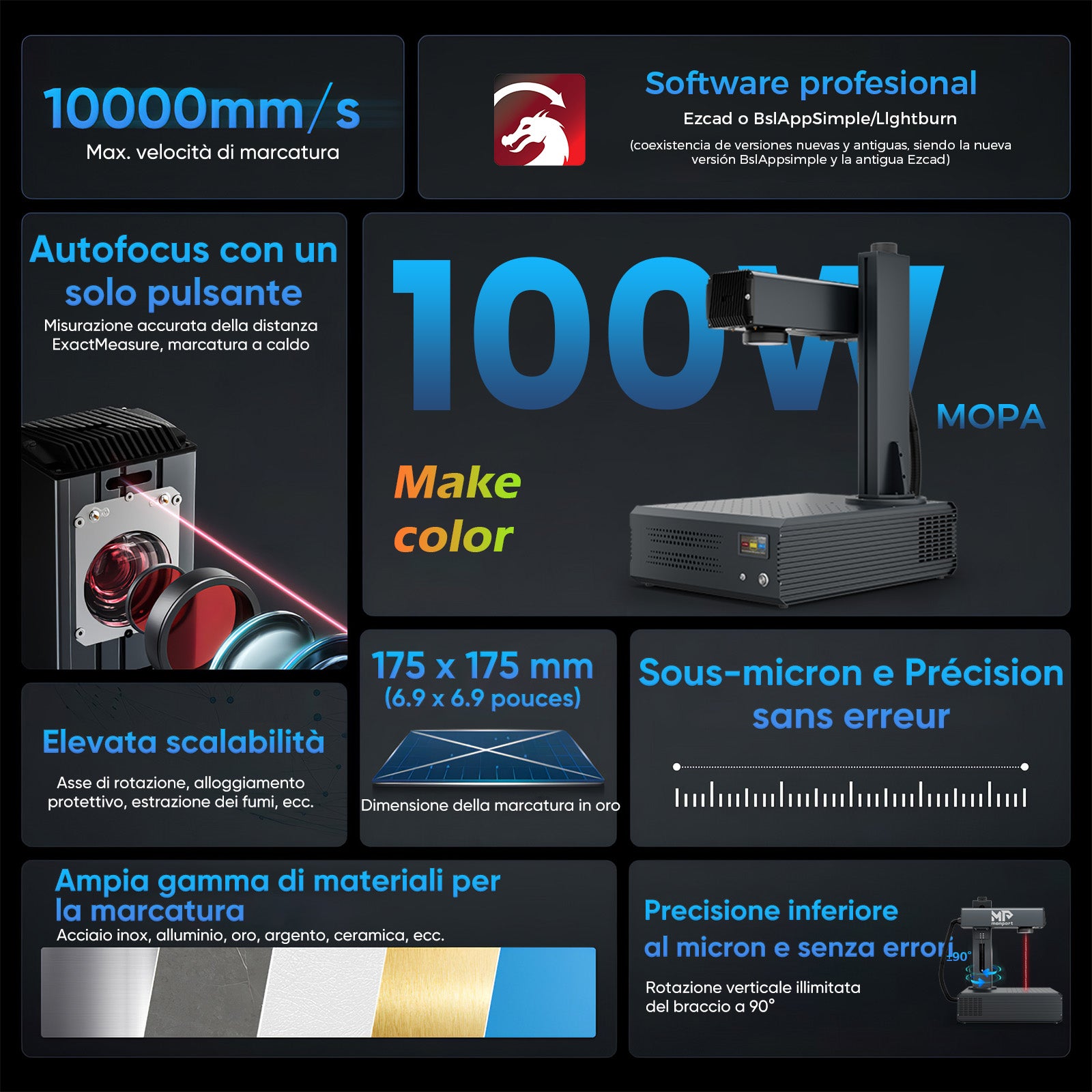 Grabador y marcador láser de fibra MOPA integrado de 100W mejorado Monport GA con enfoque automático