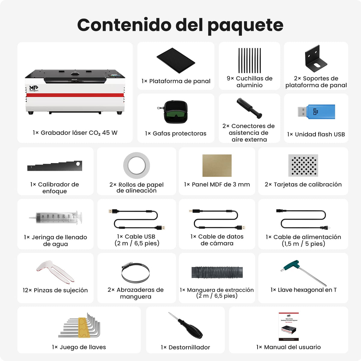 Monport Reno45 Pro Vision 45W Grabadora y Cortadora Láser CO₂ de Escritorio (16" x 12") con Cámara HD de 8MP, Autofocus Magnético y Sistema de Refrigeración por Agua Integrado